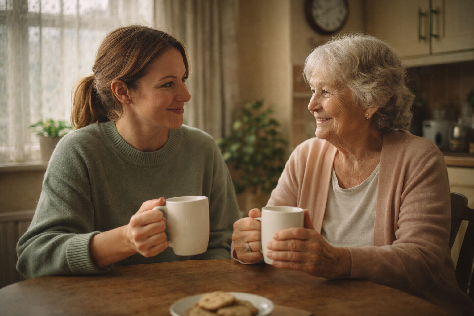 Carer and client sharing a cup of tea at the kitchen table