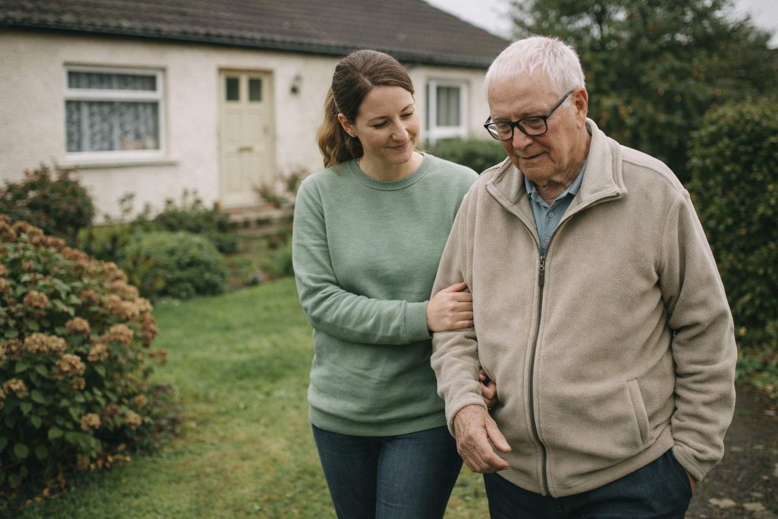 Carer supporting an elderly gentleman on a walk outside his home