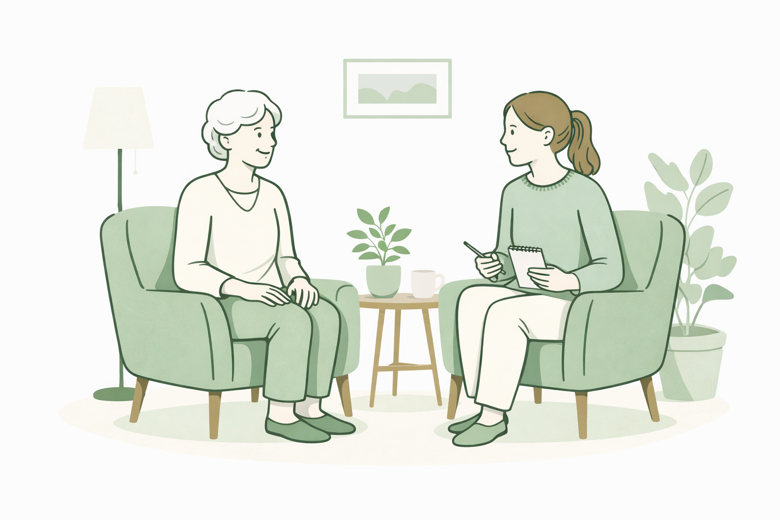 Illustration of a consultation — carer and client chatting in armchairs