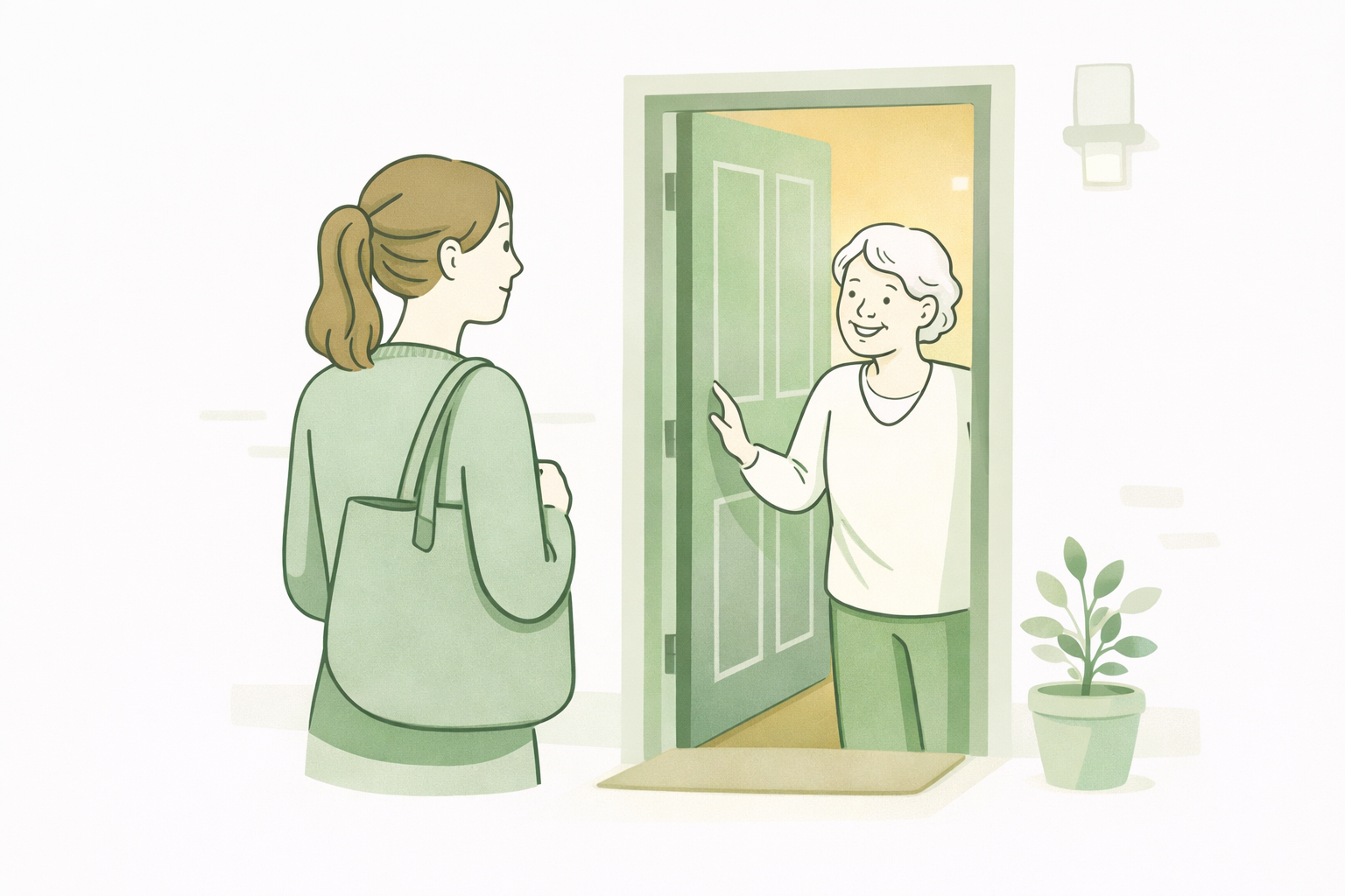 Illustration of a carer arriving at the front door, welcomed warmly